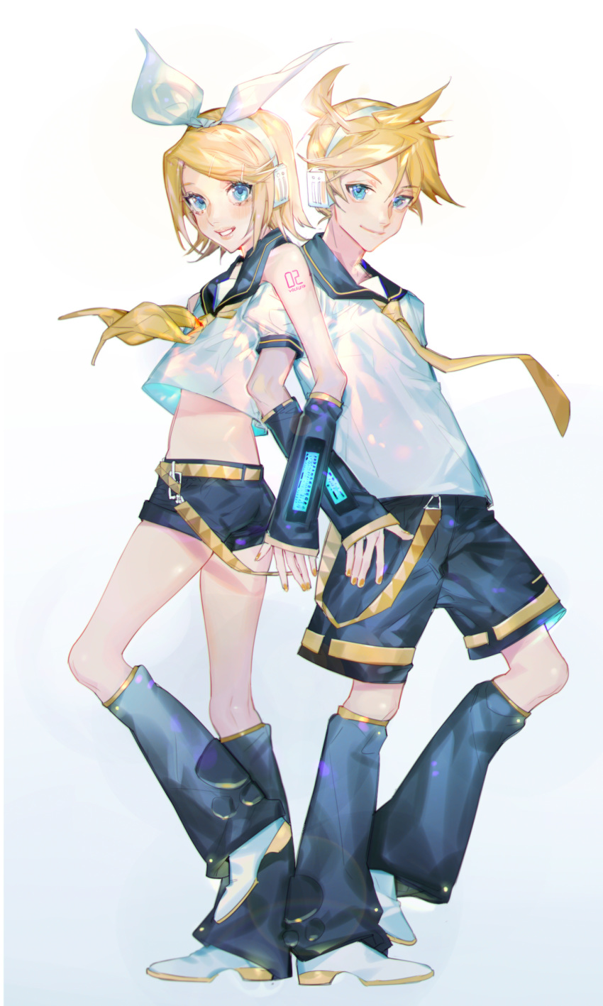1boy 1girl absurdres back-to-back bangs belt black_collar black_shorts black_sleeves blonde_hair blue_eyes bow collar commentary crop_top derivative_work detached_sleeves forcharon full_body grey_collar grey_shorts grey_sleeves grin hair_bow hair_ornament hairclip headphones heel_up highres kagamine_len kagamine_rin leg_warmers lips looking_at_viewer midriff nail_polish neckerchief necktie sailor_collar school_uniform shirt short_hair short_ponytail short_shorts short_sleeves shorts simple_background smile spiky_hair standing swept_bangs vocaloid vocaloid_boxart_pose white_background white_bow white_footwear white_shirt yellow_nails yellow_neckwear