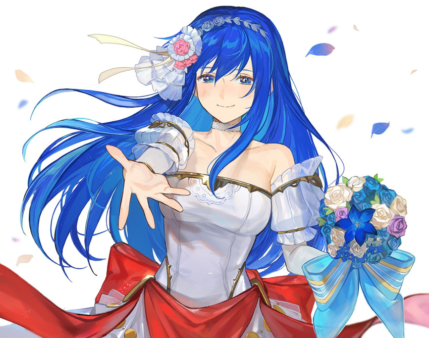 1girl blue_eyes blue_hair bouquet bride bride_(fire_emblem) caeda_(fire_emblem) closed_mouth dress fire_emblem fire_emblem:_mystery_of_the_emblem fire_emblem_heroes flower holding holding_bouquet kyufe long_hair outstretched_arm petals simple_background smile solo upper_body wedding_dress white_background white_dress