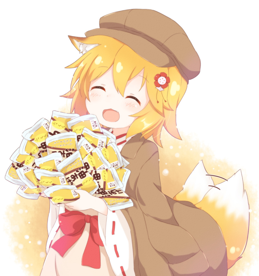 1girl :d ^_^ afterimage animal_ear_fluff animal_ears apron araki495 bangs blonde_hair blush bow brown_apron brown_coat brown_headwear cabbie_hat closed_eyes coat coat_on_shoulders commentary_request eyebrows_visible_through_hair fang flower fox_ears fox_girl fox_tail hair_between_eyes hair_flower hair_ornament hat highres japanese_clothes kimono long_sleeves open_mouth red_bow red_flower ribbon-trimmed_sleeves ribbon_trim senko_(sewayaki_kitsune_no_senko-san) sewayaki_kitsune_no_senko-san smile solo tail tail_wagging white_kimono wide_sleeves