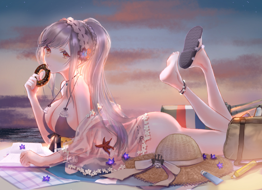 1girl anklet azur_lane bag bangs beach book bottle breasts doughnut dunkerque_(azur_lane) dunkerque_(summer_sucre)_(azur_lane) eating evening flower food front-tie_bikini front-tie_top hair_flower hair_ornament hairband hat hat_removed headwear_removed highres jewelry lace-trimmed_hairband long_hair looking_at_viewer lying ocean on_stomach ponytail rec.07 sand sandals see-through shoe_removed sidelocks silver_hair starfish straw_hat the_pose white_hairband