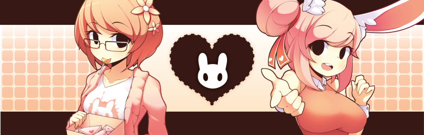 2girls animal_ear_fluff animal_ears bangs black_eyes blush box breasts brown_hair bunny_girl candy collarbone crop_top eyebrows_visible_through_hair fiz_(fizintine) fizintine flower food glasses hair_bun hair_flower hair_ornament hair_ribbon heart highres holding holding_box large_breasts letter lollipop long_sleeves looking_at_viewer love_letter luna_(fizintine) multiple_girls navel open_mouth original pink_hair pink_sweater pointing pointing_at_viewer rabbit_ears rectangular_eyewear red_ribbon ribbon shirt short_hair sleeveless small_breasts smile sweater swept_bangs teeth upper_body upper_teeth white_background white_shirt wrist_cuffs