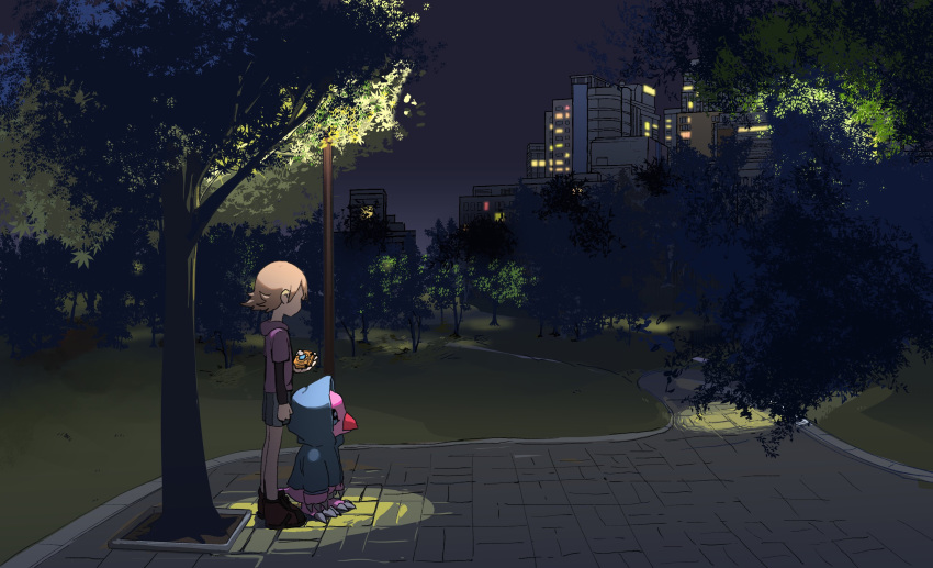 1girl absurdres building city digimon digimon_adventure digivice full_body hidden_face highres holding hood hoodie night outdoors park piyomon short_hair shorts sidewalk takenouchi_sora tantanmen tree