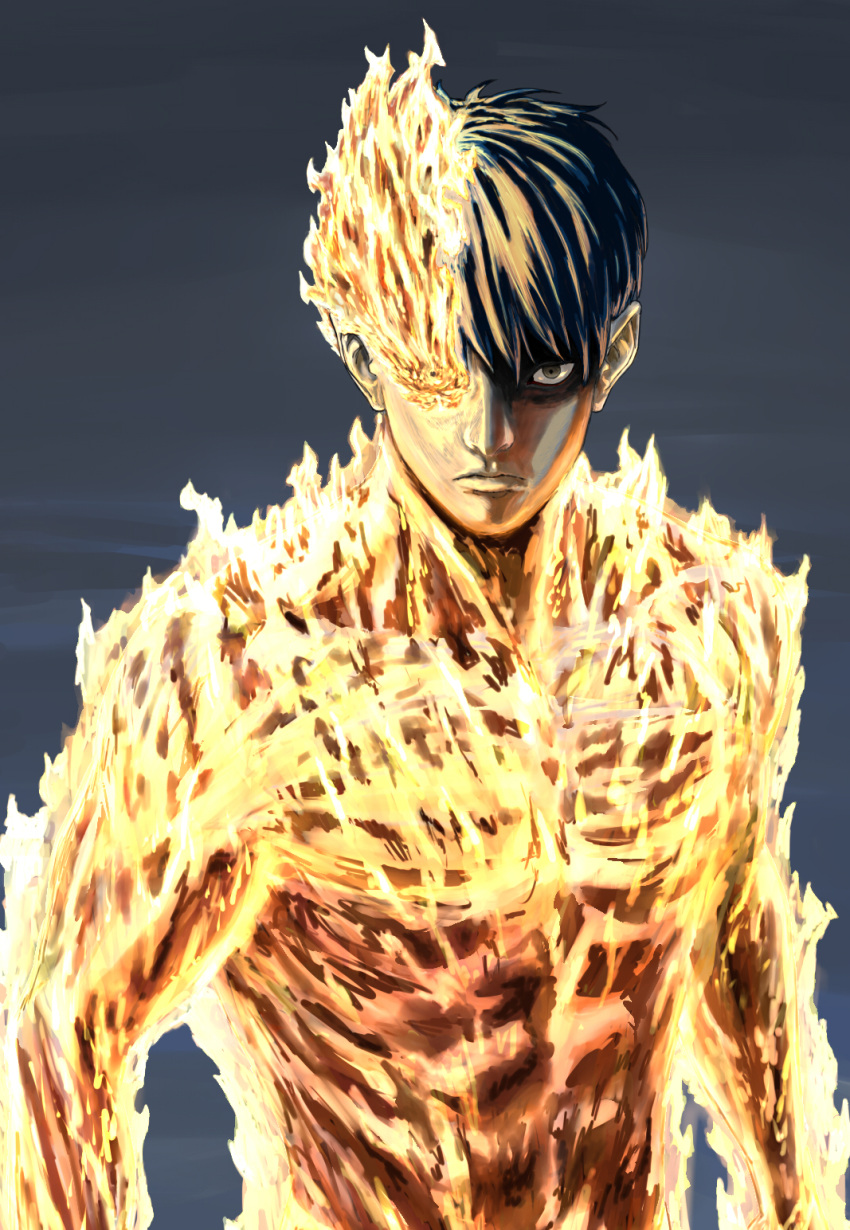 1boy agni_(fire_punch) black_eyes black_hair burning fire fire_punch flaming_eye grey_background highres looking_at_viewer male_focus red-core_timber simple_background solo standing upper_body