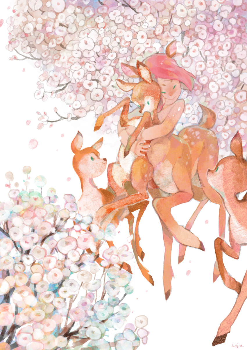 1girl absurdres artist_name centauroid cherry_blossoms closed_eyes day deer deer_girl fawn flower highres hug hug_from_behind looking_at_another outdoors redhead short_hair spring_(season) white_background zlj