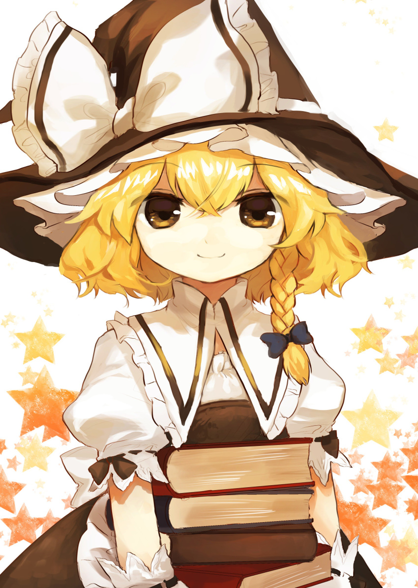 1girl absurdres apron back_bow black_dress black_headwear blonde_hair blue_bow book book_stack bow braid commentary_request dress hair_bow hat hat_bow highres holding holding_book kirisame_marisa looking_at_viewer puffy_short_sleeves puffy_sleeves shirt short_hair short_sleeves shoudoku_taishi_(taishi) single_braid smile solo star_(symbol) starry_background touhou waist_apron white_background white_bow white_shirt witch_hat wrist_cuffs yellow_eyes
