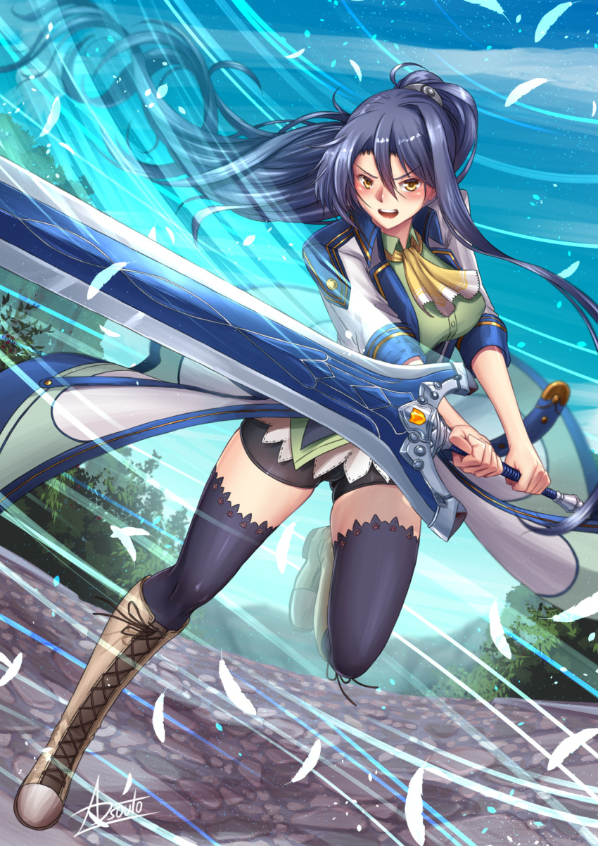 1girl absurdly_long_hair adsouto bangs blue_hair boots breasts cost eiyuu_densetsu greatsword highres holding holding_sword holding_weapon laura_s._arzeid long_hair looking_at_viewer ponytail ribbon sen_no_kiseki sword thigh-highs very_long_hair weapon yellow_eyes