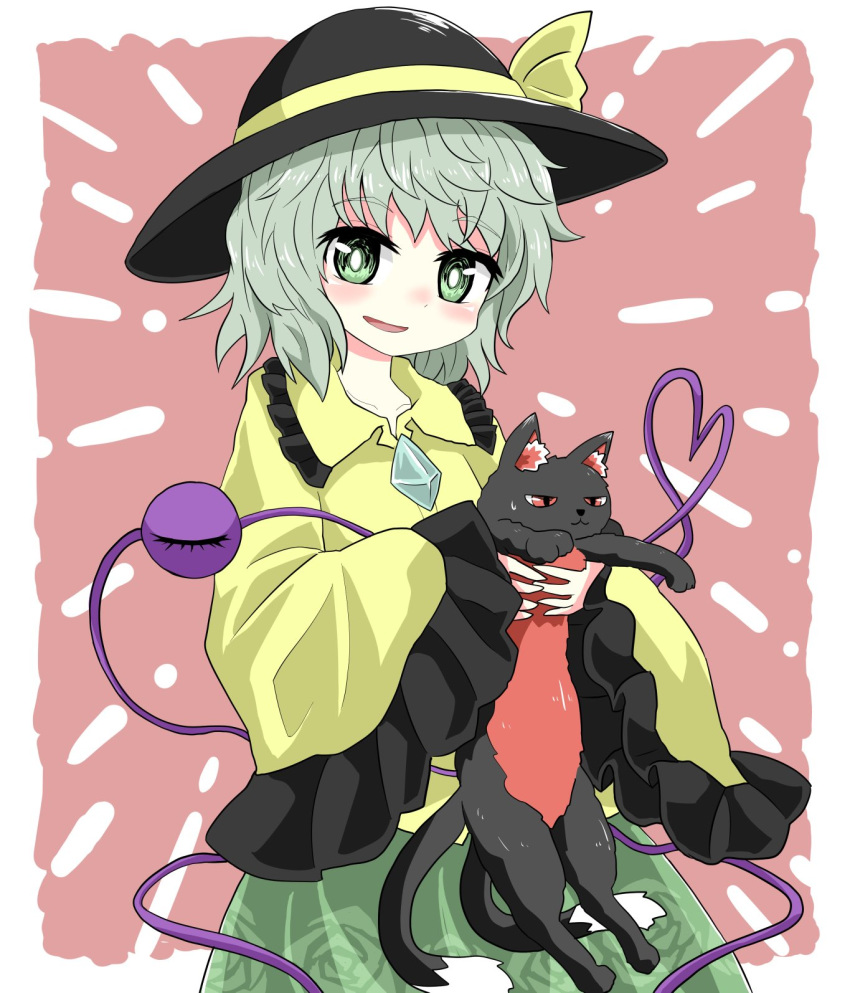 2girls animal_ears black_frills black_hair cat cat_ears cat_tail chups dress eyebrows_visible_through_hair frilled_dress frills green_eyes green_hair green_skirt highres kaenbyou_rin kaenbyou_rin_(cat) komeiji_koishi looking_at_viewer multiple_girls multiple_tails red_eyes ribbon skirt smile tail third_eye touhou two_tails yellow_dress yellow_ribbon