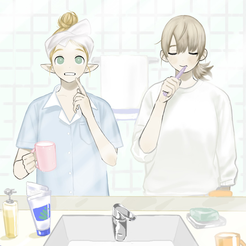 2girls blonde_hair brushing_teeth closed_eyes cup dungeon_meshi elf falin_thorden frs2 green_eyes hair_bun highres holding holding_cup holding_toothbrush marcille mirror multiple_girls pointy_ears ponytail reflection shirt sink soap sweater tile_wall tiles toothbrush_in_mouth toothpaste towel