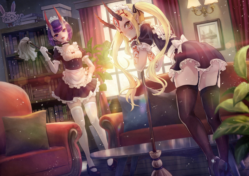 2girls alternate_costume apron ass backlighting bangs black_dress black_footwear black_legwear blonde_hair blush bob_cut bookshelf breasts broom coffee_table collarbone couch curtains cushion dress duster enmaided eyeliner facial_mark fang fang_out fate/grand_order fate_(series) forehead forehead_mark fou_(fate/grand_order) frills garter_straps gloves hair_pulled_back highres horns ibaraki_douji_(fate/grand_order) long_hair looking_at_viewer maid maid_headdress makeup multiple_girls oni oni_horns open_mouth picture_frame plant pointy_ears potted_plant puffy_short_sleeves puffy_sleeves purple_hair revision riyo_(lyomsnpmp)_(style) short_eyebrows short_hair short_sleeves shuten_douji_(fate/grand_order) sidelocks skin-covered_horns small_breasts tattoo thigh-highs tsukizaki_shizuka twintails violet_eyes waist_apron white_apron white_gloves white_legwear window wrist_cuffs yellow_eyes
