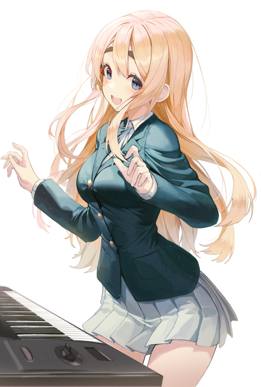 1girl :d absurdres blazer blonde_hair blue_eyes blue_jacket blush breasts buttons collared_shirt floating_hair grey_skirt hair_between_eyes highres instrument jacket k-on! keyboard_(instrument) kotobuki_tsumugi long_hair looking_at_viewer medium_breasts open_mouth pleated_skirt pro-p sakuragaoka_high_school_uniform school_uniform shirt sidelocks simple_background skirt smile solo thick_eyebrows white_background white_shirt