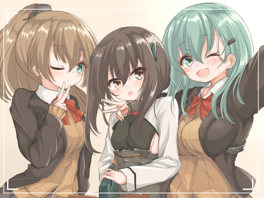 3girls ;d aqua_eyes aqua_hair beige_cardigan blue_eyes blush bow bow_(weapon) bowtie breasts brown_eyes brown_hair brown_jacket crossbow eyebrows_visible_through_hair hair_ornament hairclip headgear jacket kantai_collection kasashi_(kasasi008) kumano_(kantai_collection) large_breasts long_hair looking_at_another multiple_girls one_eye_closed open_mouth ponytail red_neckwear remodel_(kantai_collection) school_uniform self_shot shirt sideboob simple_background small_breasts smile suzuya_(kantai_collection) taihou_(kantai_collection) taking_picture upper_body v weapon white_background white_shirt
