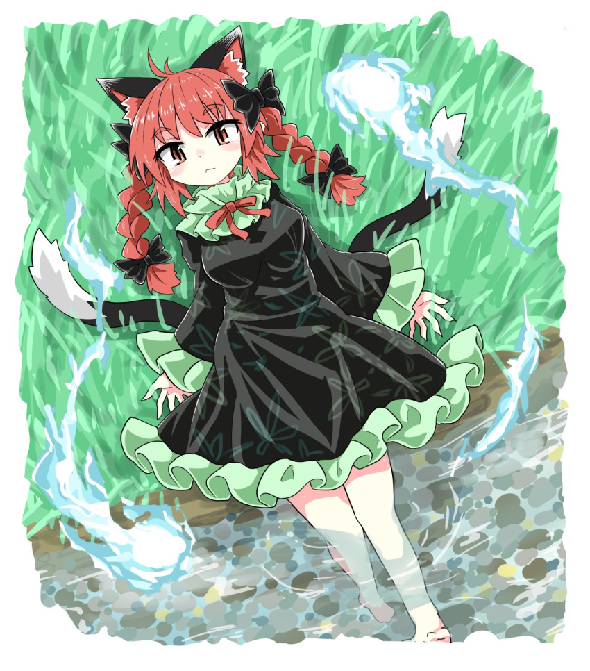 1girl animal_ears bare_legs black_bow black_dress black_ribbon bow braid cat_ears chups commentary dress extra_ears frilled_dress frilled_sleeves frills green_frills highres hitodama kaenbyou_rin long_sleeves looking_at_viewer multiple_tails neckwear red_eyes red_neckwear redhead ribbon solo tail touhou twin_braids two_tails water