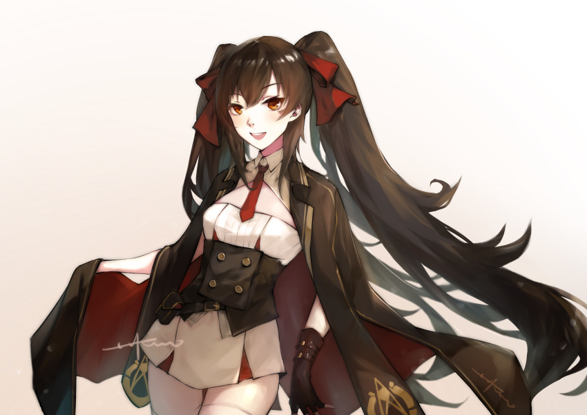 1girl absurdres black_hair cleavage_cutout girls_frontline gloves hair_ribbon hei_chuan_gui highres long_hair necktie qbz-97_(girls_frontline) red_eyes ribbon signature skirt solo twintails