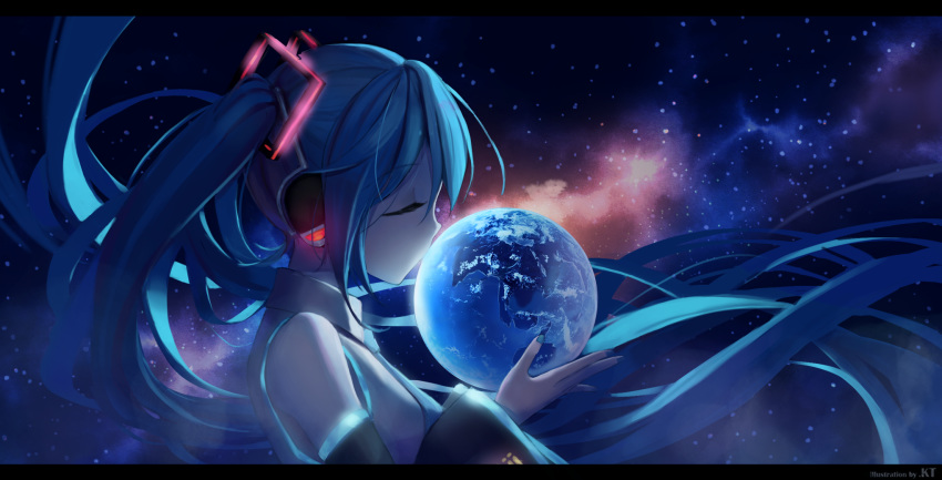 1girl artist_name bangs blue_hair blue_nails blue_neckwear closed_eyes collared_shirt commentary_request detached_sleeves earth floating_hair from_side giantess grey_shirt hair_ornament hatsune_miku headphones highres holding kin_toki kiss letterboxed long_hair milky_way necktie planet profile shirt sleeveless sleeveless_shirt solo space star_(sky) twintails upper_body very_long_hair vocaloid