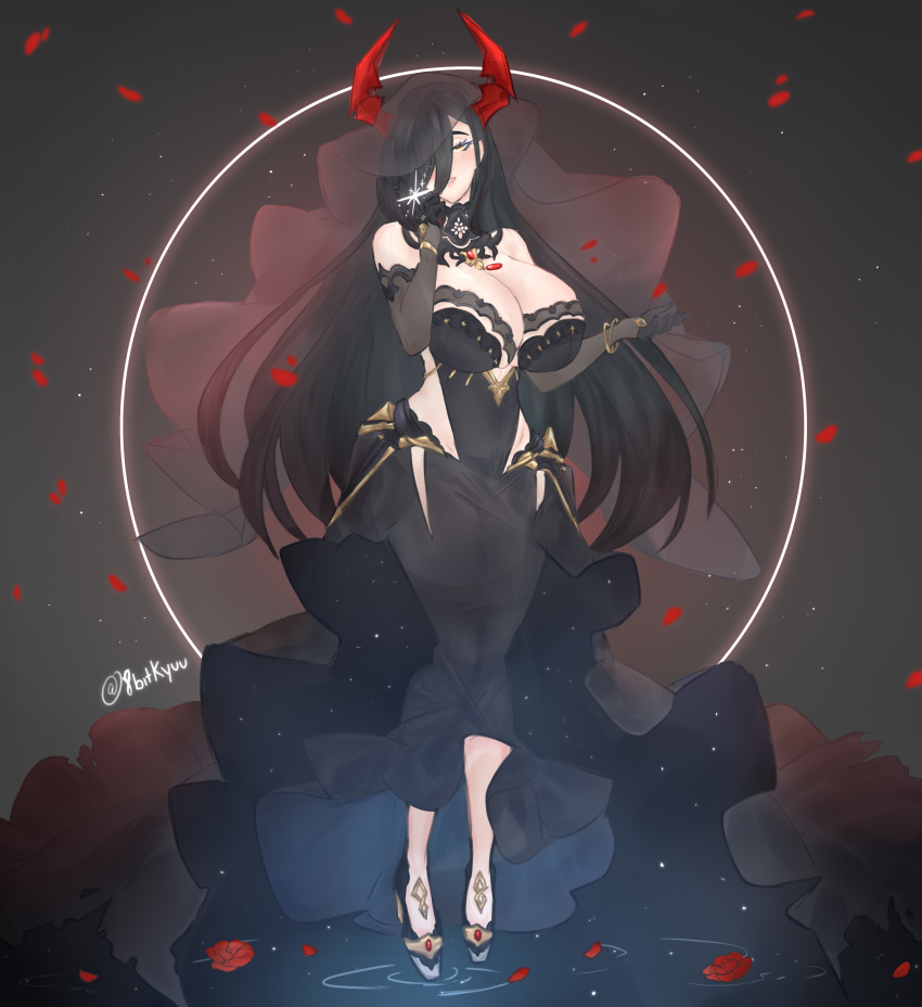 1girl absurdres azur_lane black_hair black_veil black_wedding_dress bridal_legwear bridal_veil dress fake_horns friedrich_der_grosse_(azur_lane) high_heels highres jewelry kyuu_(8bitkyuu) ring standing standing_on_liquid veil wedding_band wedding_dress yellow_eyes