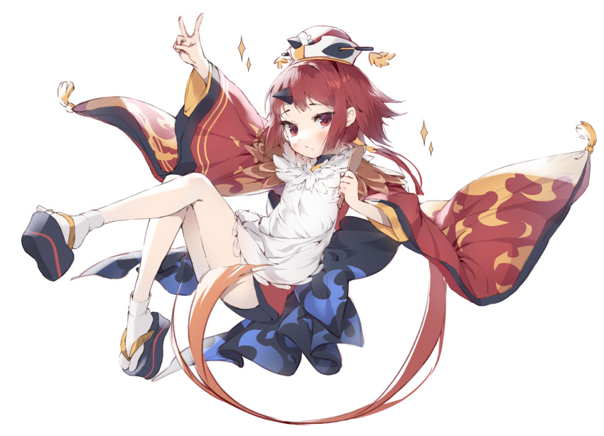 1girl apron bangs benienma_(fate/grand_order) bird_hat blush breasts brown_headwear fate/grand_order fate_(series) feather_trim flame_print highres holding holding_spoon japanese_clothes kimono legs long_hair long_sleeves looking_at_viewer low_ponytail parted_bangs platform_footwear red_kimono redhead rice_spoon sanze_(gokiburi_kirai) sash simple_background small_breasts socks sparkle spoon v very_long_hair white_apron white_background wide_sleeves wooden_spoon