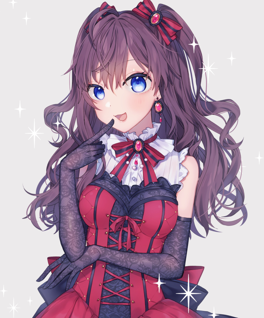 1girl :d ahoge bangs black_gloves blue_eyes blush bow brooch cross-laced_clothes dress earrings elbow_gloves finger_to_mouth gem gloves grey_background hair_bow highres ichinose_shiki idolmaster idolmaster_cinderella_girls jewelry long_hair looking_at_viewer minamiya_mia neck_ribbon open_mouth purple_hair red_bow red_dress red_neckwear red_ribbon ribbon ruby_(gemstone) simple_background sleeveless sleeveless_dress smile solo sparkle two_side_up upper_body