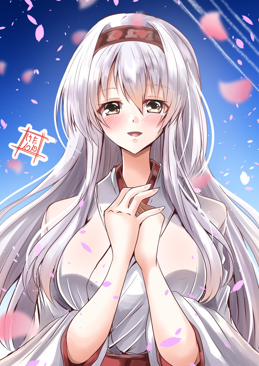 1girl absurdres artist_logo blue_background breasts brown_eyes cherry_blossoms commentary_request hairband hand_on_own_chest headband highres japanese_clothes kantai_collection kentan_(kingtaiki) kimono large_breasts long_hair looking_at_viewer petals red_headband shoukaku_(kantai_collection) smile solo upper_body white_hair white_kimono