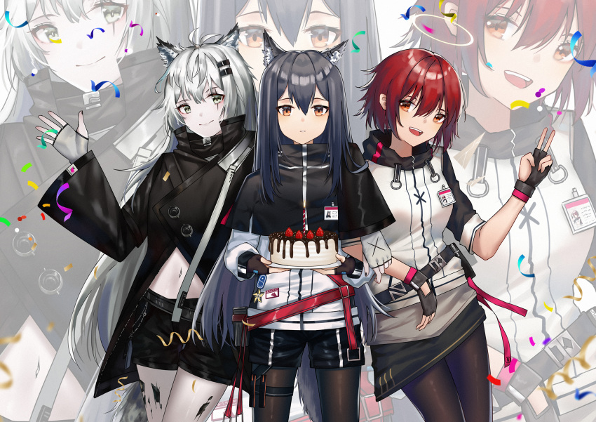 3girls :d animal_ear_fluff animal_ears antenna_hair arknights bangs belt black_belt black_capelet black_gloves black_hair black_jacket black_legwear black_shorts black_skirt brown_eyes cake capelet commentary_request confetti cowboy_shot exusiai_(arknights) fingerless_gloves food fruit gloves grey_eyes grey_gloves hair_between_eyes hair_ornament hairclip hand_up high_collar highres holding holding_plate id_card jacket lappland_(arknights) long_hair long_sleeves looking_at_viewer miniskirt multiple_girls navel open_mouth ore_lesion_(arknights) pantyhose plate raglan_sleeves red_belt redhead short_hair short_shorts shorts silver_hair skirt smile standing stomach strawberry texas_(arknights) thigh_strap thighs v very_long_hair white_jacket wide_sleeves wolf_ears yuuki_mix zoom_layer