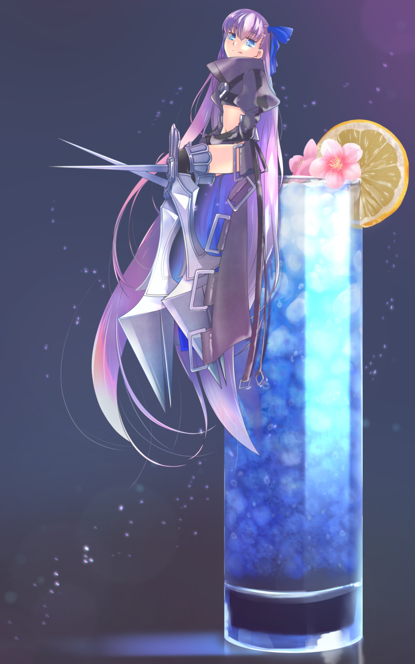 1girl absurdly_long_hair armored_boots bangs black_jacket blue_background blue_eyes blue_ribbon blush boots breasts closed_mouth cropped_jacket cup drinking_glass fate/extra fate/extra_ccc fate_(series) flower food fruit gradient gradient_background hair_ribbon highres jacket lemon lemon_slice licking_lips long_hair long_sleeves looking_at_viewer meltryllis mentaiko_mamire navel oversized_object prosthesis prosthetic_leg purple_hair revision ribbon sitting sleeves_past_fingers sleeves_past_wrists small_breasts smile tongue tongue_out very_long_hair