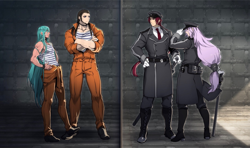 4boys aqua_eyes aqua_hair beard black_nails boots brown_hair chiyoganemaru coat crossed_arms facial_hair gloves godoo grey_eyes hands_on_hips hat jumpsuit lavender_hair long_hair low-tied_long_hair male_focus military military_hat military_uniform multiple_boys necktie nenekirimaru ponytail prison_clothes redhead sengo_muramasa_(touken_ranbu) sheath sheathed smile sword tonbokiri_(touken_ranbu) touken_ranbu uniform weapon white_gloves yellow_eyes