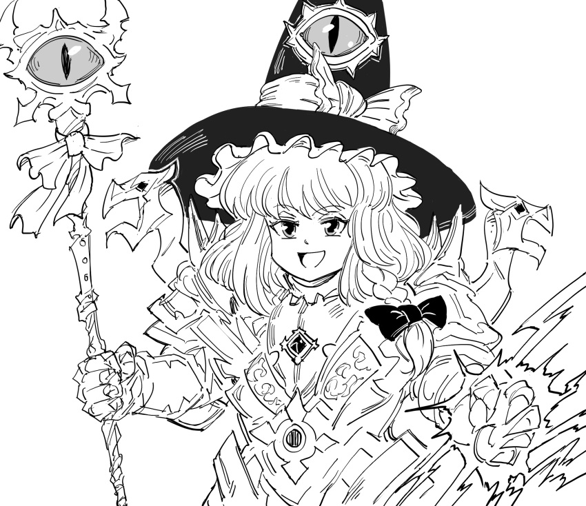 1girl adapted_costume armor bb_(baalbuddy) clenched_hand commentary crossover english_commentary extra_eyes eyeball gauntlets greyscale hat highres kirisame_marisa long_hair magic monochrome solo staff touhou warhammer_40k witch_hat