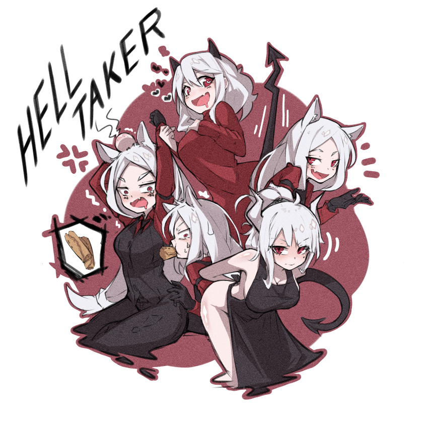 5girls absurdres anger_vein animal_ears apron black_apron black_horns black_jacket black_tail blush breasts cerberus_(helltaker) closed_mouth copyright_name demon_girl demon_tail dog_ears dog_girl drooling food formal heart heart-shaped_pupils helltaker highres horns huge_filesize jacket large_breasts long_hair long_sleeves looking_at_viewer lucifer_(helltaker) mmhomm modeus_(helltaker) mouth_hold multiple_girls naked_apron pancake ponytail red_eyes red_shirt red_sweater shirt smile suit sweater symbol-shaped_pupils tail white_hair white_horns