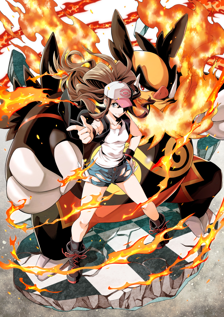 1girl bare_arms bare_legs bare_shoulders baseball_cap big_hair black_vest blue_eyes boots brown_hair checkered checkered_floor closed_mouth denim denim_shorts emboar exposed_pocket fire floating_hair full_body gen_5_pokemon hand_on_hip hat highres long_hair open_clothes open_vest outstretched_arm pocket pointing pointing_at_viewer pokemon pokemon_(creature) pokemon_(game) pokemon_bw pose red_eyes ryuusei_(trickster) shirt shorts sidelocks sleeveless sleeveless_shirt smile socks standing touko_(pokemon) vest white_shirt wristband