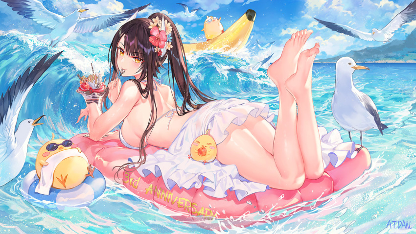 1girl animal anniversary atdan azur_lane back backless_dress backless_outfit banana_boat bare_shoulders barefoot bird breasts brown_hair chick clouds commentary day dress feet flower hair_flower hair_ornament halter_dress hiei_(azur_lane) hiei_(beauty_of_the_white_sands)_(azur_lane) holding inflatable_raft innertube large_breasts legs_up long_hair looking_at_viewer looking_back lying manjuu_(azur_lane) ocean on_stomach outdoors parfait ponytail revision seagull short_dress signature sky sleeveless sleeveless_dress solo spaghetti_strap sunglasses the_pose thighs towel water waves white_dress yellow_eyes