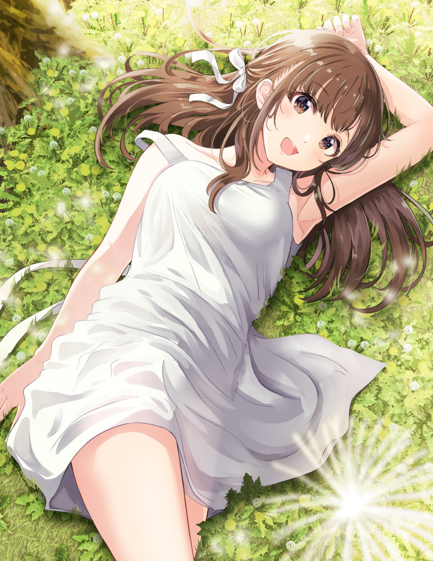 1girl :d arm_on_head arm_up armpits bangs bare_arms blush breasts brown_eyes brown_hair collarbone dandelion dress eyebrows_visible_through_hair flower from_above grass hair_over_breasts hair_ribbon highres long_hair looking_at_viewer lying medium_breasts on_back open_mouth original outdoors ribbon see-through shiokazunoko sidelocks sleeveless sleeveless_dress smile solo tree_trunk upper_teeth white_dress white_ribbon