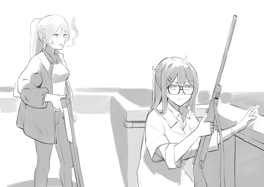 2girls absurdres breasts character_request cigarette closed_mouth collared_shirt girls_frontline glasses greyscale gun hair_ornament hairclip highres holding holding_gun holding_weapon jacket kion-kun kneeling large_breasts long_hair looking_at_viewer meme monochrome mouth_hold multiple_girls open_clothes open_jacket pants parody photo-referenced ponytail real_life rifle rooftop rooftop_koreans round_eyewear shirt smoke smoking standing weapon wing_collar