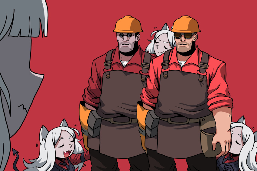 2boys 4girls animal_ears black_giraffe cerberus_(helltaker) cosplay crossover demon_girl demon_tail dog_ears facial_hair fang gloves goggles hardhat helltaker helmet highres lucifer_(helltaker) multiple_boys multiple_girls pince-nez red_background red_shirt shirt single_glove smelling stubble tail team_fortress_2 the_engineer the_engineer_(cosplay) triplets