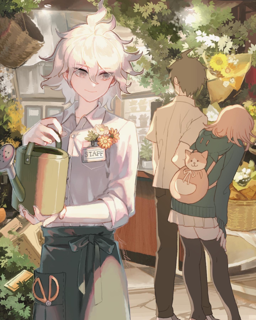 1girl 2boys ahoge antenna_hair apron beige_skirt black_apron black_jacket black_legwear brown_pants cat_bag commentary dangan_ronpa eyebrows_visible_through_hair flower from_behind grey_eyes hair_between_eyes highres hinata_hajime holding jacket komaeda_nagito lemontea medium_hair multiple_boys nanami_chiaki pants pink_backpack pleated_skirt scissors shirt short_hair skirt smile super_dangan_ronpa_2 thigh-highs white_flower white_shirt yellow_flower