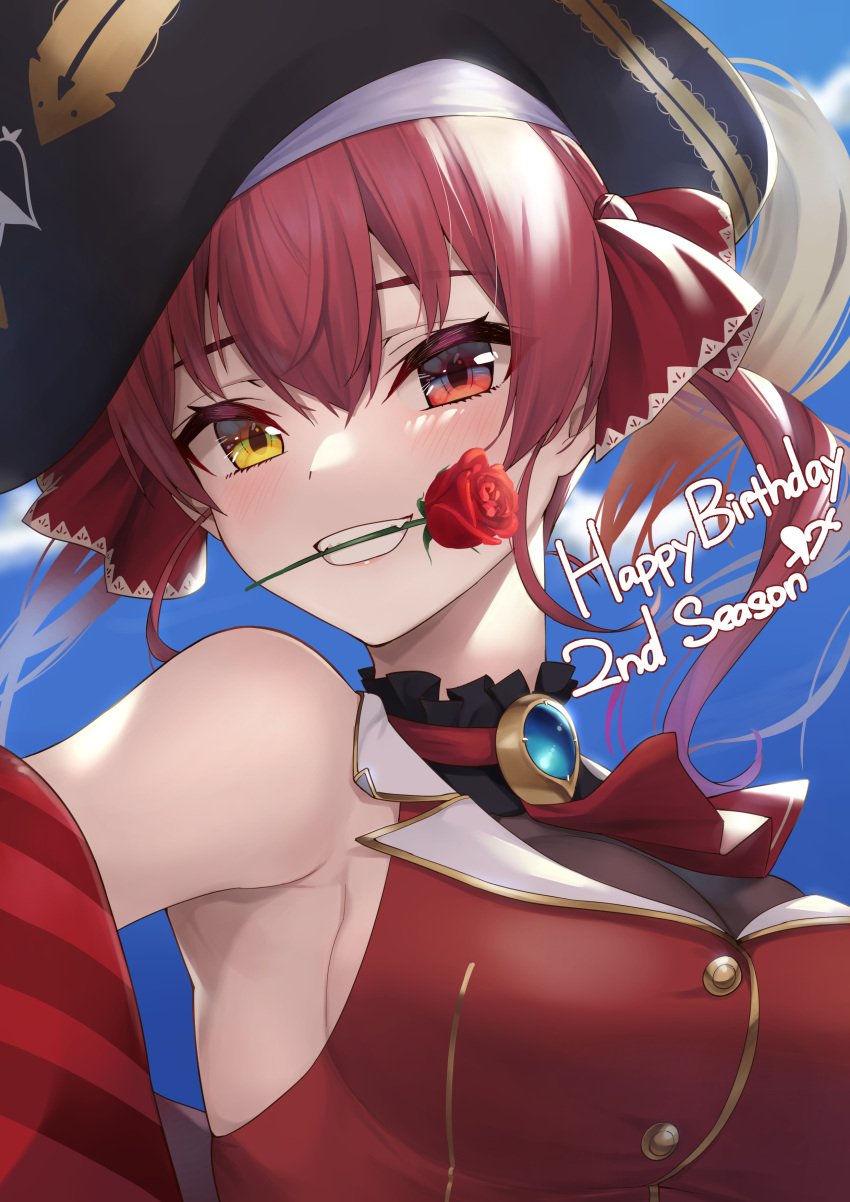 1girl absurdres bangs bare_shoulders bicorne black_headwear blue_sky blush breasts clouds commentary_request eyebrows_visible_through_hair flower flower_in_mouth grin hair_between_eyes hair_ribbon happy_birthday hat heterochromia highres hololive houshou_marine lo_xueming looking_at_viewer medium_breasts red_eyes red_flower red_ribbon red_rose red_shirt redhead ribbon rose shirt sky sleeveless sleeveless_shirt smile solo upper_body virtual_youtuber yellow_eyes