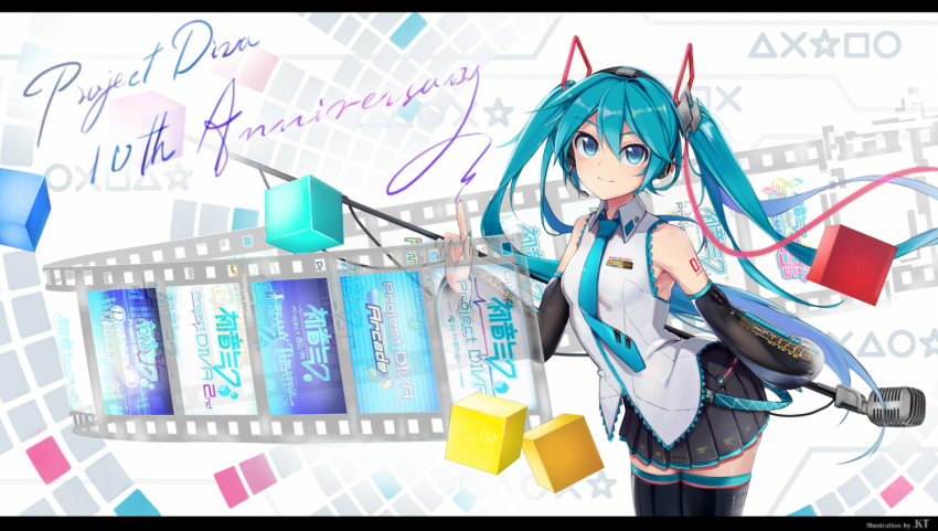 1girl anniversary artist_name black_legwear black_skirt blue_eyes blue_hair blue_nails blue_neckwear breasts closed_mouth collared_shirt commentary_request copyright_name cowboy_shot detached_sleeves eyebrows_visible_through_hair film_strip hair_ornament hatsune_miku hatsune_miku_(vocaloid3) headset index_finger_raised kin_toki letterboxed long_hair looking_at_viewer microphone necktie pleated_skirt project_diva_(series) shirt shoulder_tattoo shure_55sh skirt sleeveless sleeveless_shirt small_breasts smile solo tattoo thigh-highs twintails very_long_hair vintage_microphone vocaloid white_shirt wing_collar zettai_ryouiki