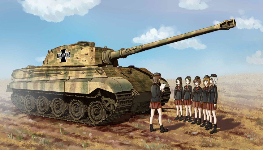 6+girls akaboshi_koume artist_name brown_hair camouflage caterpillar_tracks clipboard clouds cloudy_sky dirt emblem field garrison_cap girls_und_panzer ground_vehicle hat highres insignia itsumi_erika kuromorimine_(emblem) kuromorimine_military_uniform military military_vehicle motor_vehicle multiple_girls nishizumi_maho nishizumi_miho orange_hair qian red_skirt shoes skirt sky tank tiger_ii white_hair