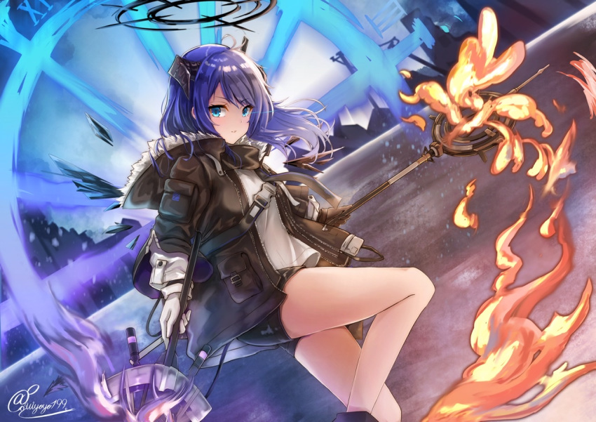1girl arknights bangs bare_legs black_gloves black_jacket black_shorts blue_eyes blue_hair eyebrows_visible_through_hair feet_out_of_frame fire gloves halo holding holding_staff horns jacket kouno_(uiyoyo199) long_hair long_sleeves looking_at_viewer mostima_(arknights) open_clothes open_jacket originium_arts_(arknights) roman_numerals shirt short_shorts shorts signature solo staff thighs white_gloves white_shirt