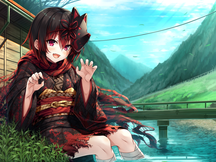 1girl :d bandaged_leg bandages bangs black_hair black_kimono blue_sky blush bridge building claw_pose clouds commentary_request copyright_request day eyebrows_visible_through_hair fang fingernails fox_mask hair_between_eyes hasumi_(hasubatake39) highres japanese_clothes kimono leaves_in_wind long_sleeves mask mask_on_head multicolored_hair obi open_mouth outdoors railing redhead sash sitting sky smile solo streaked_hair torn_clothes torn_kimono violet_eyes water wide_sleeves
