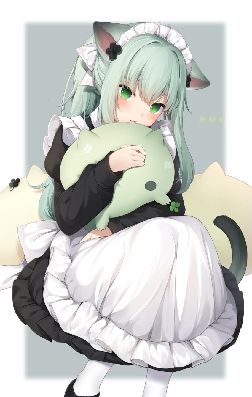 1girl amashiro_natsuki animal_ears apron bangs black_dress black_flower black_footwear blush cat_ears cat_girl cat_tail clover commentary dress eyebrows_behind_hair flower four-leaf_clover frilled_apron frills green_eyes green_hair hair_flower hair_ornament highres juliet_sleeves long_hair long_sleeves looking_at_viewer maid maid_headdress object_hug original pantyhose parted_lips puffy_sleeves shoes sidelocks sitting sleeves_past_wrists solo tail very_long_hair white_apron white_legwear