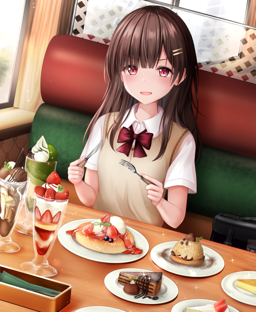 1girl :d bangs bow brown_hair cake cardigan_vest cheesecake chocolate_cake collared_shirt commentary couch day dress_shirt eyebrows_visible_through_hair food fork hair_ornament hairclip highres holding holding_fork holding_knife indoors karu_(qqqtyann) knife long_hair looking_at_viewer mont_blanc_(food) on_couch open_mouth original pancake parfait plate red_bow red_eyes restaurant school_briefcase school_uniform shirt short_sleeves sitting slice_of_cake smile solo sparkle strawberry_shortcake sweater_vest table white_shirt