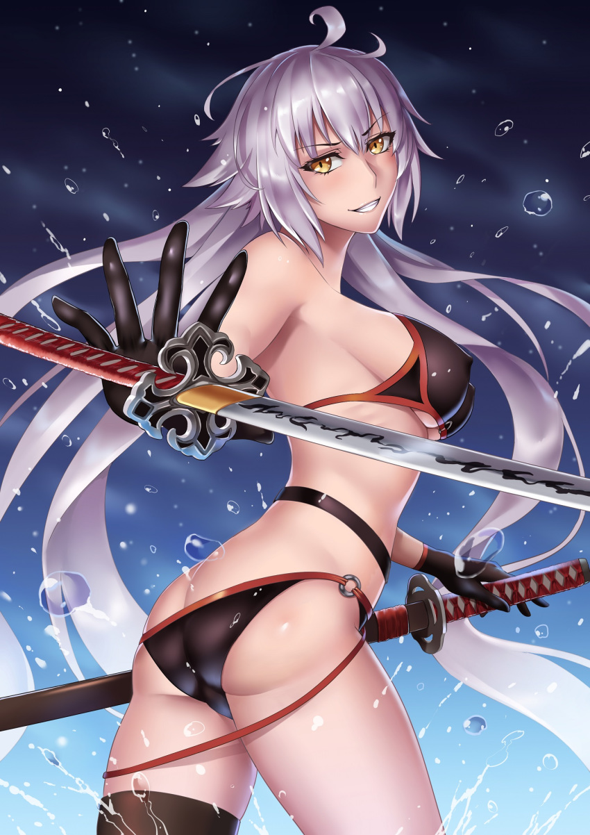 1girl ahoge ass asymmetrical_legwear bangs bikini black_bikini black_legwear breasts butt_crack covered_nipples eyebrows_visible_through_hair fate/grand_order fate_(series) floating_hair from_side grin hair_between_eyes hand_on_hilt highres jeanne_d'arc_(alter_swimsuit_berserker) jeanne_d'arc_(fate)_(all) katana long_hair lowleg lowleg_bikini medium_breasts sakuya_(liao_kj) sheath sheathed shiny shiny_hair sideboob silver_hair single_thighhigh smile solo standing swimsuit sword thigh-highs very_long_hair weapon yellow_eyes