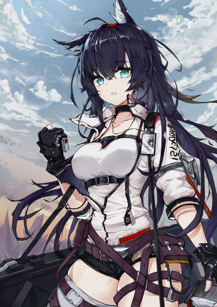 1girl ahoge animal_ears aqua_eyes arknights bangs belt black_choker black_gloves black_hair blaze_(arknights) blue_sky breasts cat_ears choker clouds commentary_request cowboy_shot day eyebrows_visible_through_hair gloves hair_between_eyes hand_up highres holding id_card long_hair long_sleeves looking_at_viewer medium_breasts messy_hair outdoors parted_lips partial_commentary pouch shirt sky solo thighs timmoo white_shirt