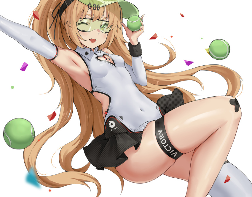 1girl ;d absurdres armpits azur_lane bache_(azur_lane) bache_(showy_sports_star)_(azur_lane) ball bare_shoulders blonde_hair breasts cleavage_cutout covered_navel detached_sleeves fang goggles green_eyes hand_up heart_cutout highres holding leotard long_hair looking_at_viewer one_eye_closed open_mouth outstretched_arm ponytail qianqiu_wanxia side_cutout simple_background single_thighhigh skindentation small_breasts smile solo tennis_ball thigh-highs thigh_strap thighs very_long_hair visor_cap white_background white_legwear white_leotard