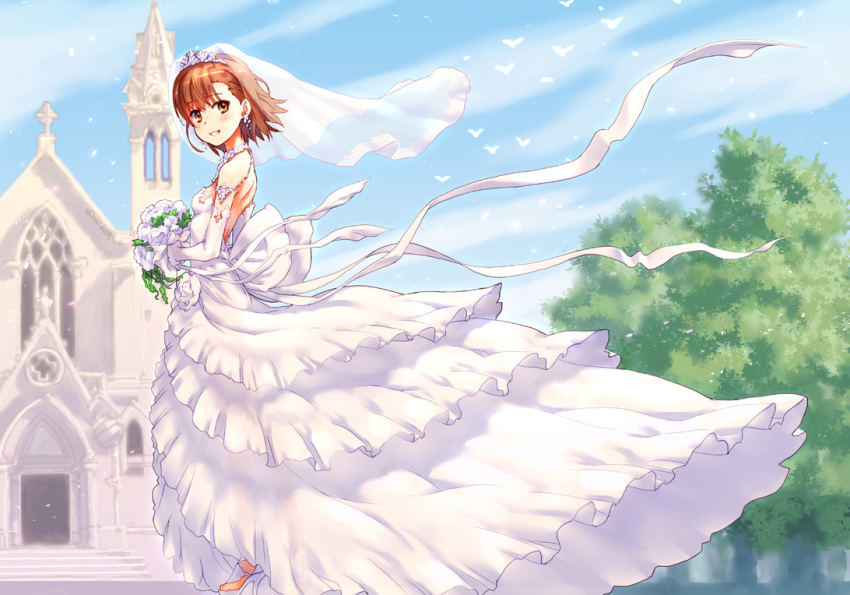 1girl blue_sky bouquet bridal_veil brown_eyes brown_hair clouds commentary_request day dress flower full_body looking_at_viewer misaka_mikoto open_toe_shoes outdoors parted_lips raika9 rose short_hair sky smile solo to_aru_kagaku_no_railgun to_aru_majutsu_no_index tree veil wedding white_dress white_flower white_footwear white_rose