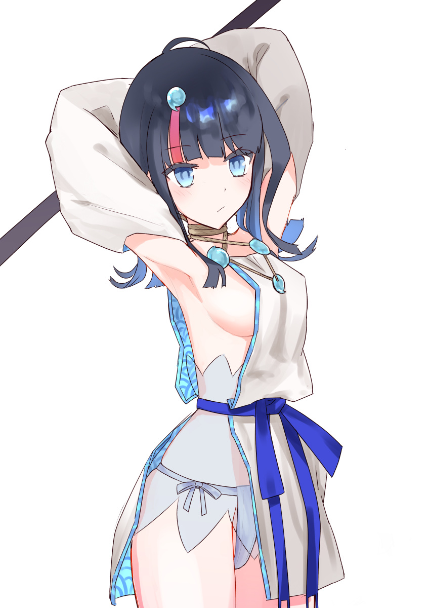 1girl absurdres armpits arms_behind_head arms_up artist_request bangs bare_shoulders black_hair blue_eyes blue_ribbon blush breasts closed_mouth dress fate/grand_order fate/requiem fate_(series) fundoshi highres japanese_clothes jewelry large_breasts long_sleeves looking_at_viewer magatama magatama_hair_ornament medium_hair multicolored_hair necklace pelvic_curtain pink_hair polearm puffy_long_sleeves puffy_sleeves ribbon short_dress sideboob sideless_outfit simple_background spear streaked_hair thighs utsumi_erise weapon white_background white_dress
