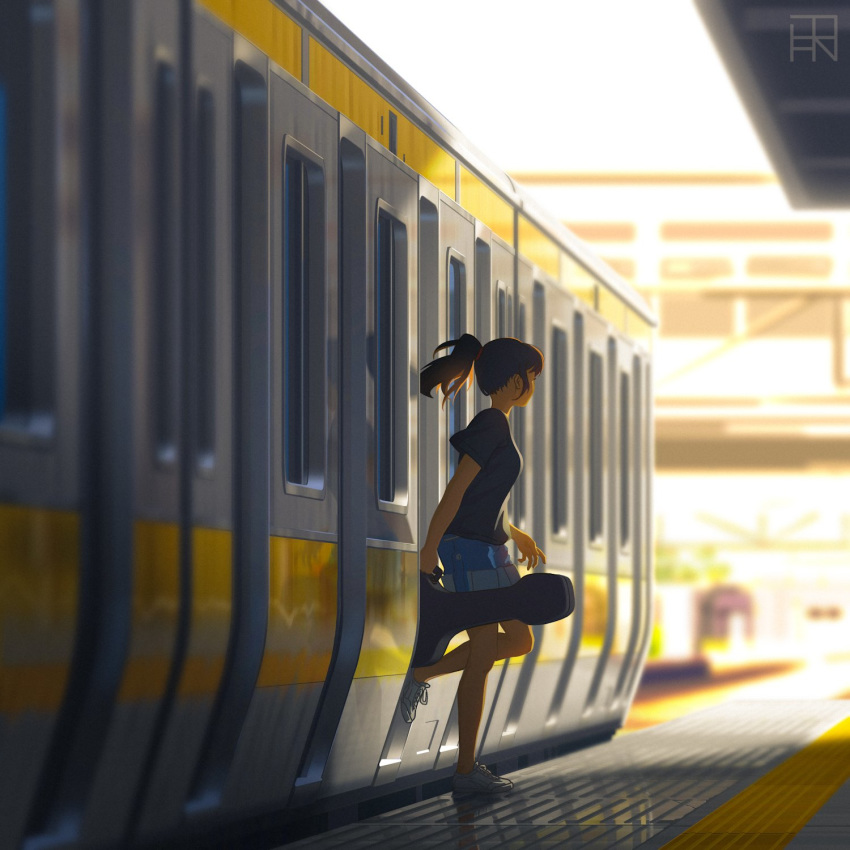1girl artist_logo black_shirt blue_shorts blurry blurry_background blurry_foreground brown_hair bysau commentary day depth_of_field english_commentary grey_footwear ground_vehicle highres holding instrument_case medium_hair original outdoors ponytail shade shirt shoes short_sleeves shorts sneakers solo standing t-shirt train train_station walking white_sky