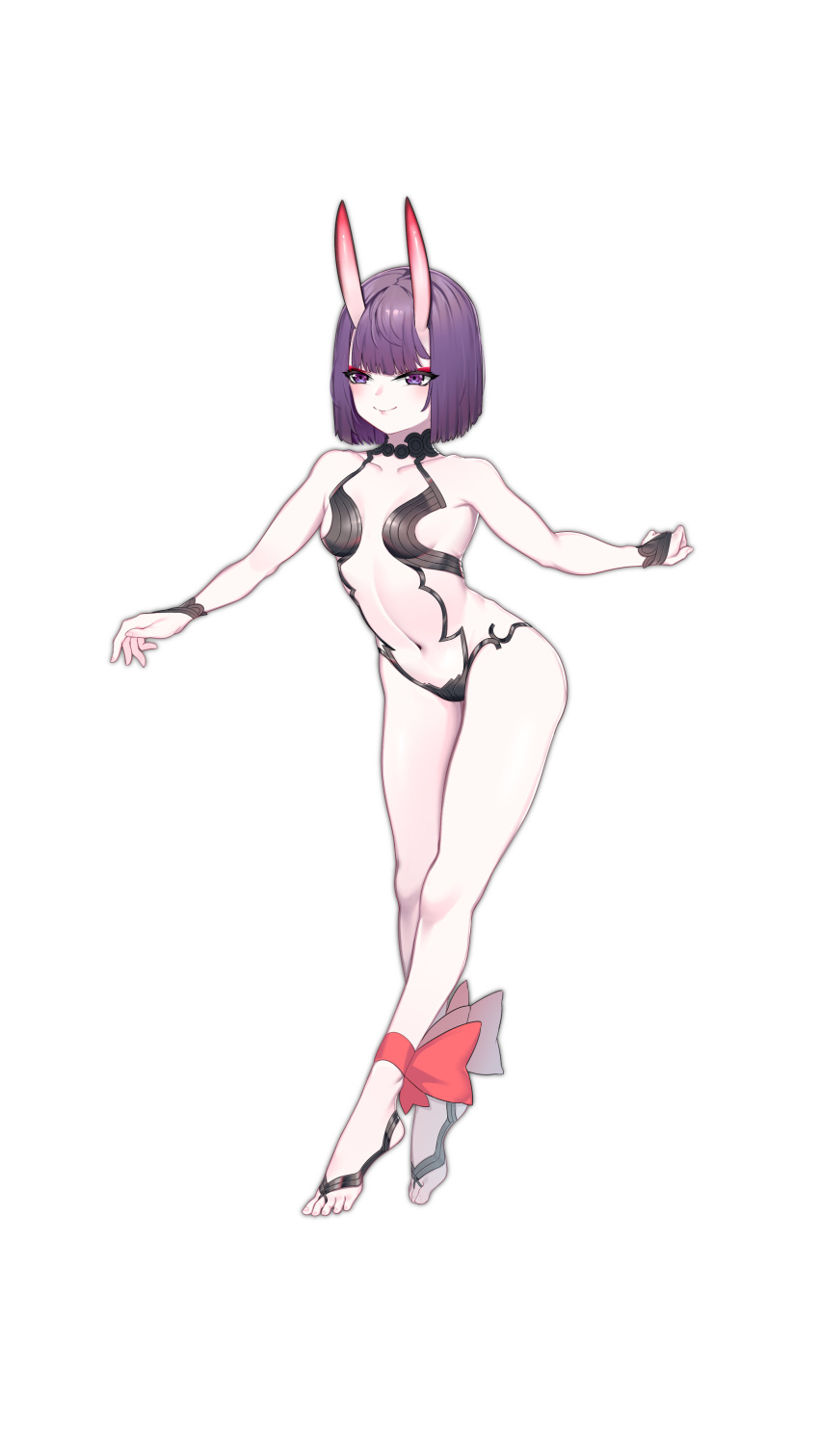 1girl absurdres ankle_ribbon bangs bare_shoulders barefoot_sandals bob_cut breasts bridal_gauntlets closed_mouth collarbone doufu_(pixiv9093484) eyeliner fate/grand_order fate_(series) feet full_body highres horns legs makeup navel oni oni_horns purple_hair red_ribbon revealing_clothes ribbon short_eyebrows short_hair shuten_douji_(fate/grand_order) skin-covered_horns small_breasts smile violet_eyes