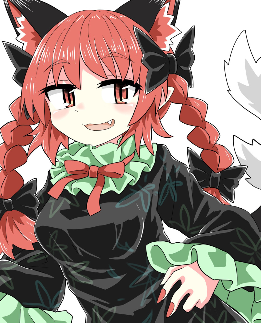 1girl :3 animal_ears black_bow black_dress black_ribbon bow braid cat_ears chups cowboy_shot dress extra_ears fang frilled_dress frilled_sleeves frills green_frills highres kaenbyou_rin looking_at_viewer multiple_tails neckwear red_eyes red_nails red_neckwear redhead ribbon tail touhou two_tails white_background