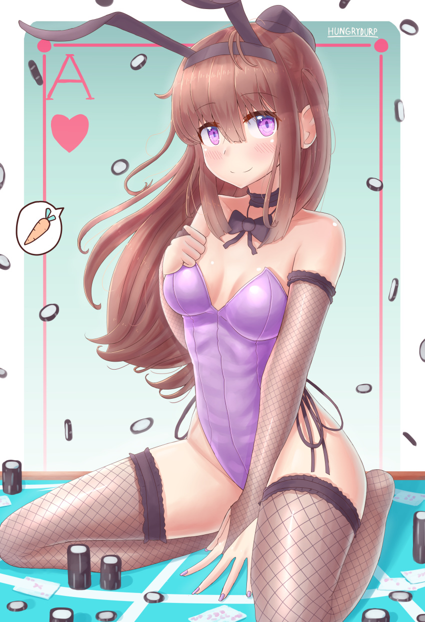 1girl absurdres animal_ears black_legwear black_neckwear borrowed_character bow bowtie breasts bridal_gauntlets brown_hair bunny_girl bunny_tail bunnysuit card_(medium) casino_card_table commentary english_commentary fishnet_legwear fishnets full_body gradient gradient_background highres hungrydurp leotard long_hair looking_at_viewer nail_polish original poker_chip ponytail purple_leotard rabbit_ears sitting smile solo strapless strapless_leotard tail violet_eyes wariza