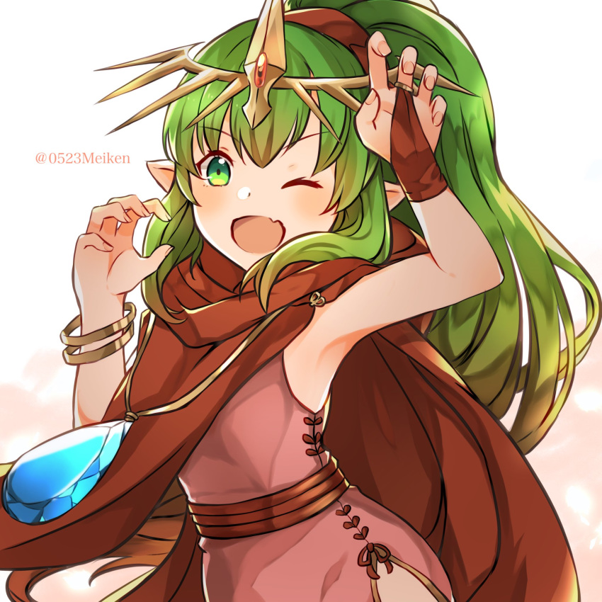 1girl bracelet dress fire_emblem fire_emblem:_mystery_of_the_emblem green_eyes green_hair highres jewelry long_hair one_eye_closed open_mouth pink_dress pochi_(0523meiken) pointy_ears ponytail simple_background solo tiara tiki_(fire_emblem) twitter_username upper_body white_background